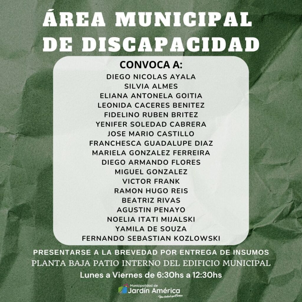 El Área Municipal de Discapacidad convoca a las personas mencionadas a acercarse a la brevedad para la entrega de insumos